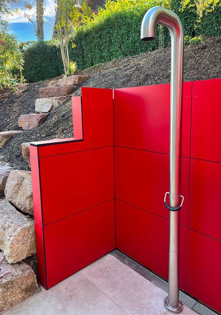 Design Gartenhaus HPL mit Dusche in Düsseldorf homify Bahçe kulübesi Anlage, Rechteck, Holz, Gartenmöbel, Tür, Gras, Strauch, Verbundwerkstoff, Bodenbelag, Freizeit