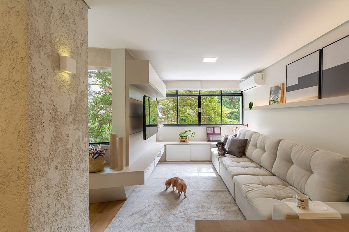 Apartamento 305 Lago Norte | Brasília-DF BORAnaOBRA Construtora Salas de estar modernas Mobília, Propriedade, Sofá, Cachorro, Plantar, Mesa, Janela, Prédio, Sala de estar, Sombra