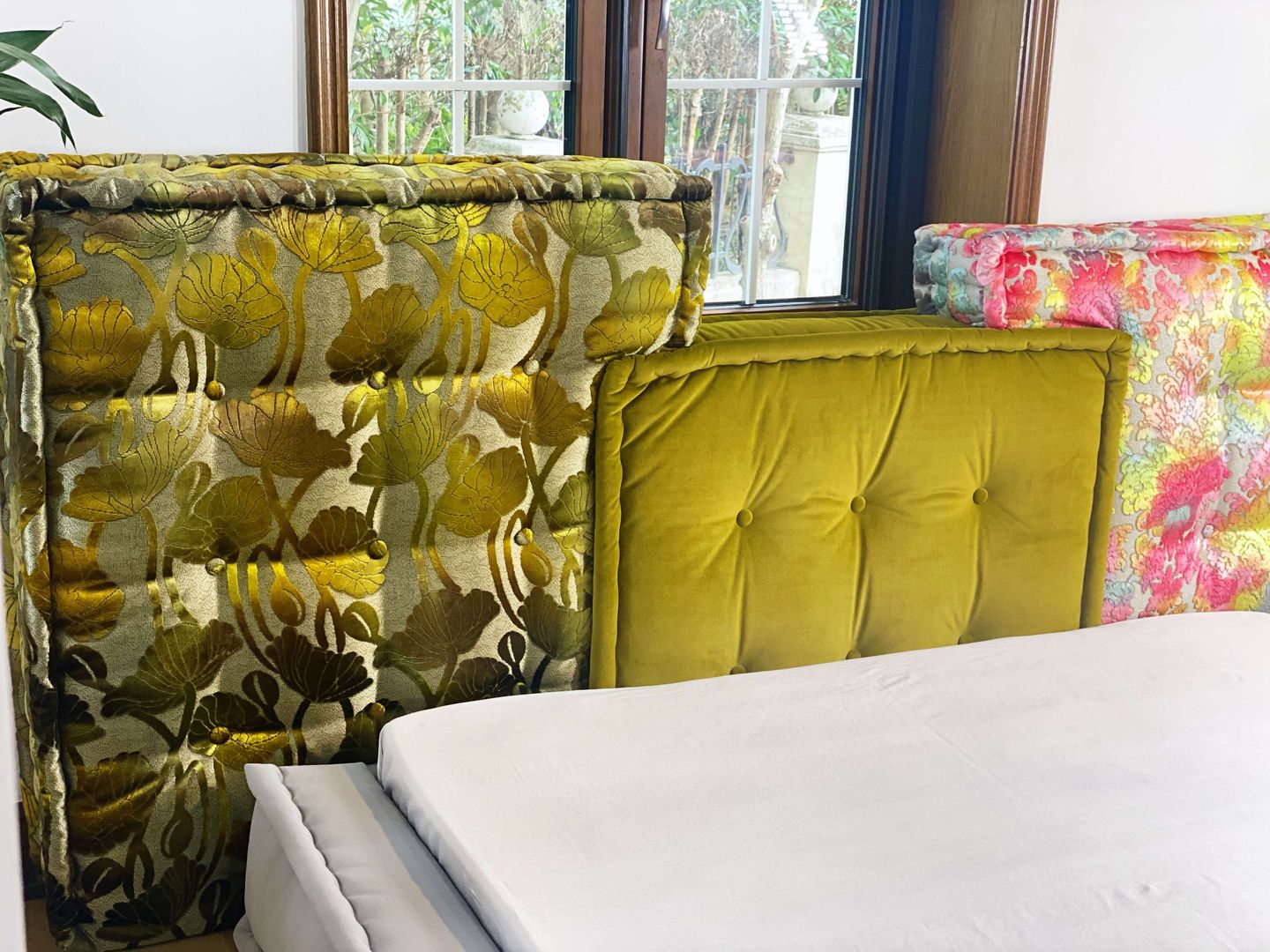 A Mah Jong Bed Lila & Lin Villa Couch, Window, Yellow, Rectangle, Wood, Living room, Comfort, studio couch, Curtain, Linens
