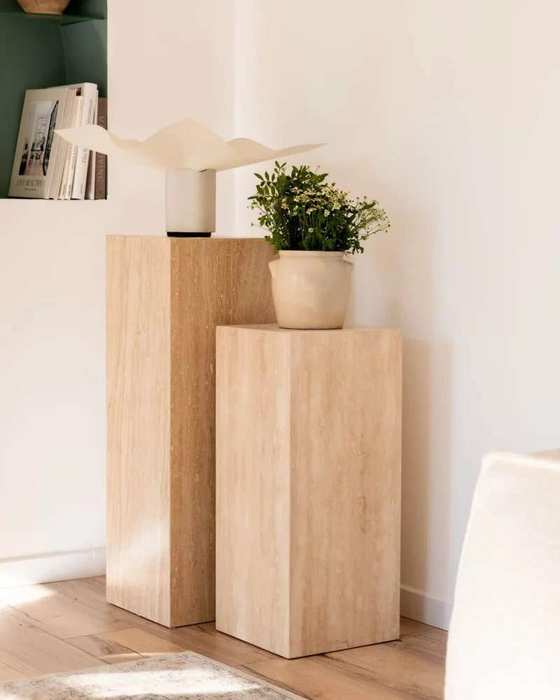Travertine Coffee Table Efesus Home Minimalist Oturma Odası Wood, Furniture, Hardwood, Flowerpot, Pedestal, Vase, Natural material, Houseplant, Plywood, Wood stain