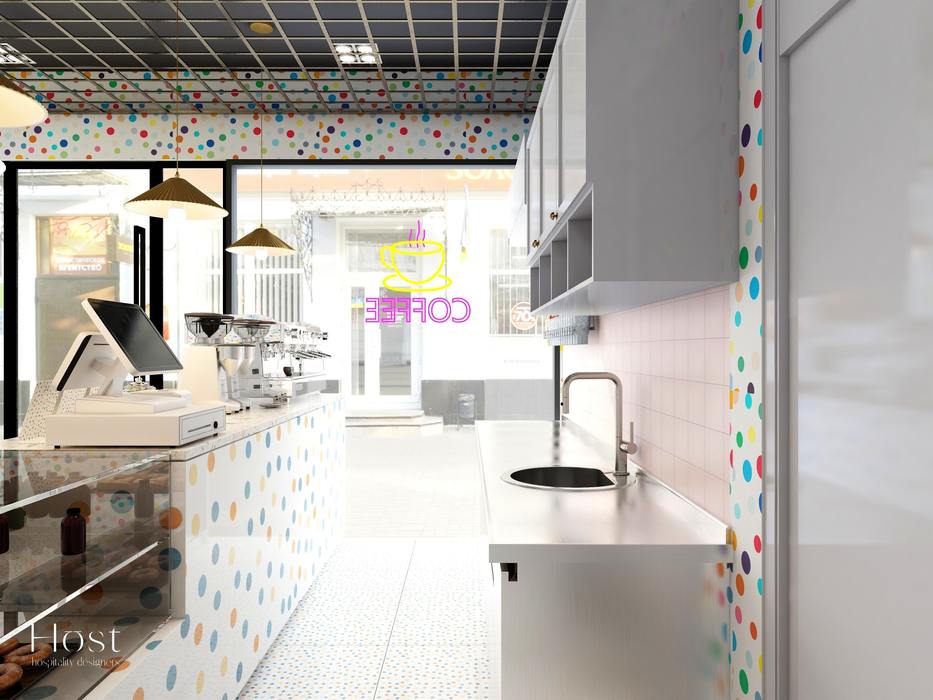 Café Candy Host Designers - Hospitality Design Commercial spaces Armários, Design de interiores, Arquitetura, Cozinha, Bancada, Design automotivo, Prédio, Parede, Pavimento, Fogão de cozinha