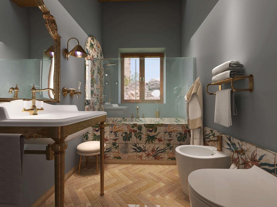 I Bagni - Residenze Roccapipirozzi ARTE DELL'ABITARE Apartment Specchio, Rubinetto, Apparecchio idraulico, Lavello, Proprietà, Mobiletto del bagno, Vasca da bagno, Lavandino del bagno, Specchio per il trucco, Bagno