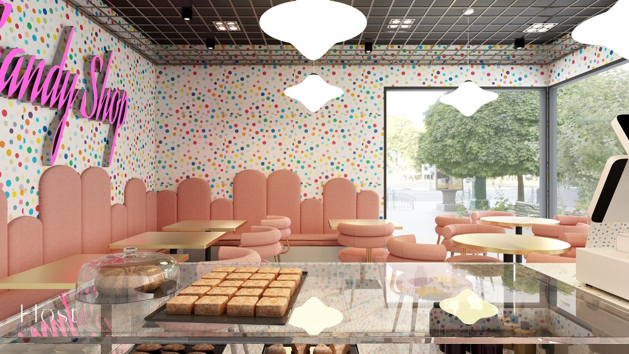 Café Candy Host Designers - Hospitality Design Commercial spaces Mobília, Propriedade, Mesa, Decoração, Design de interiores, Arquitetura, Cadeira, Prédio, Madeira, Parede