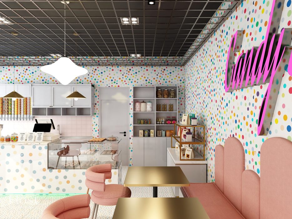 Café Candy Host Designers - Hospitality Design Commercial spaces Prédio, Design de interiores, Iluminação, Arquitetura, Prateleira, Linha, Parede, Prateleiras, Chão, Pavimento