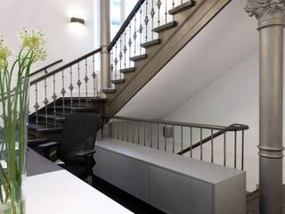 Empfang, Konferenz , Bibliothek bei einer Firma Ulrich Weinkath Modern Walls and Floors Interior design, Stairs, Flooring, Handrail, Floor, Baluster, Ceiling, Grey, Metal, Glass