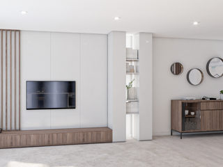 Sala Íntegra NURE Interiores Modern Living Room Sala,cozinha,hall de entrada,divisória,móvel divisão,ripado,separador,linhas direitas,cores neutras,taupe,nogueira,madeira,minimalista,moderno,lacado,móveis à medida