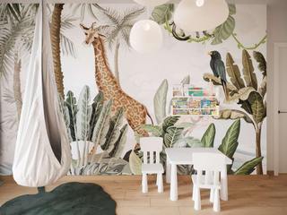 Pokój dziecięcy w duchu Montessori z tapetą z żyrafą, Projektowanie Wnętrz Online Projektowanie Wnętrz Online غرف الرضع