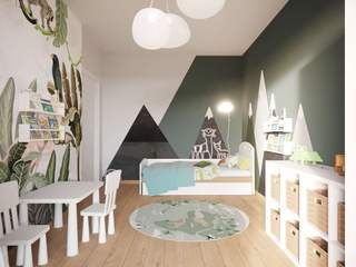 Pokój dziecięcy w duchu Montessori z tapetą z żyrafą, Projektowanie Wnętrz Online Projektowanie Wnętrz Online غرف الرضع