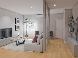 Refúgio Descontraído NURE Interiores Modern Living Room Sala,conforto,descontraido,tons neutros,taupe,divisória,hall de entrada,hall,posters,jovem