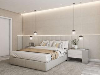 Quartos de Hóspedes NURE Interiores Master bedroom Acolhedor, confortável, candeeiros suspensos, design personalizado, cabeceira estofada, sommier, arrumação, funcionalidade, mesas de cabeceira, moderno, requinte, harmonioso, móveis por medida, amplitude, praticidade, espelhos, cabides