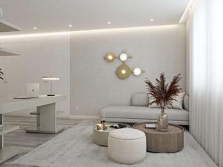 Escritório Home Office NURE Interiores Modern Study Room and Home Office Moderno, Funcionalidade, Organização, Secretária, Secretária em L, Espaço de Arrumação, Produtividade, Conforto, Sofá, Mesas de Centro, Puff Móvel, Flexibilidade, Relaxamento, Candeeiro de Parede, Elegante, Personalizado, Quadros à Medida, Contemporâneo, Bem-Estar, Eficiência, Praticidade, Ambiente, Acolhedor, Escritório, Trabalho em Casa, Home Office, Arrumação, Estética