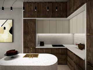 Elegance in minimalism: Wooden and Marble Kitchen with Dining Room, Cerames Cerames Armários e bancadas de cozinha