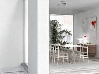 Villa con giardino e piscina PLAN B studio Modern Dining Room Mobilia, Tavolo, Edificio, Sedia, Rettangolo, Interior design, Porta, sala pranzo, casa, villa, progetto