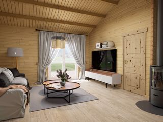 Das Jetzt-Erst-Recht-Haus – Auf Wunsch jetzt mit mehr Platz in XL Version THULE Blockhaus GmbH - Ihr Fertigbausatz für ein Holzhaus Single family home Interior design, Flooring, Furniture, Floor, Wood, Wood flooring, Ceiling, Home, Room, Living room
