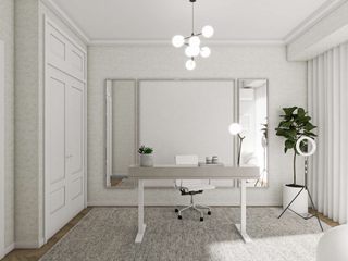 Estúdio Reflexo NURE Interiores Modern Study Room and Home Office Homeoffice,escritório,Feminino,Personalizado,Espelhos,Painel,Estante,Secretária,Acolhedor,Funcional,Arrumação,Design,Textura,Conforto,Candeeiro,Prateleiras,cores neutras