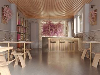 Flor de Sakura Atelier R96 Commercial spaces Mesa, Mobília, Madeira, Design de interiores, Pisos, Prédio, Chão, Cadeira, Casa, Parede
