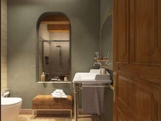 Bagno Verde e Travertino ARTE DELL'ABITARE Walls Specchio, Mobilia, Rubinetto, Edificio, Mobilio, Proprietà, Mobiletto da bagno, Legna, Porta, Apparecchio idraulico