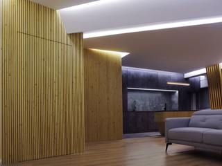 Remodelacao de apartamento T3 "Flow of Contrast" Melom Cool Apartment Solid Wood Multicolored Flooring, Wall, Interior design, Floor, Wood, Ceiling, Wood flooring, Lighting, Furniture, Light fixture