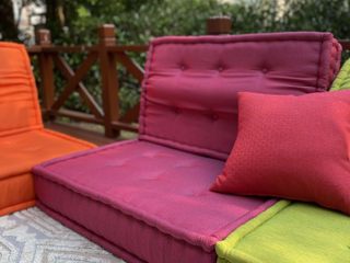 Can you make them for outdoor/patio use? Lila & Lin Garden Pool Multicolored Furniture, Couch, Purple, Rectangle, Wood, Outdoor furniture, Comfort, Pink, Flooring, Hardwood,outdoor furniture,patio cushion,outdoor cushion
