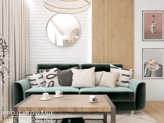 Aranżacja salonu z aneksem i kącik home office w jasnych kolorach, Projektowanie Wnętrz Online Projektowanie Wnętrz Online Salas de estilo moderno
