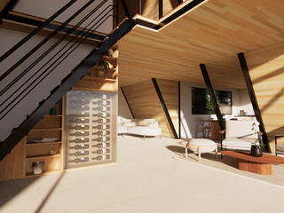 Chalé A Frame 111 m² Bueno Gourmet – 2 Quartos e Suíte (Alto Padrão) EcoMorada Chalés Suíços Pré Fabricadas - Kits A-Frame e Escandinavo Prefabricated home Madeira, Design de interiores, Chão, Pavimento, Imobiliária, Prédio, Madeira dura, Escadaria, Teto, Teto