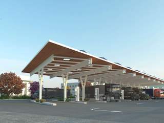 3D Visualization of EV Charging Station with Solar Roofing System in Los Angles, California, blueribbon 3d animation studio blueribbon 3d animation studio Otros espacios