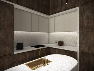 Elegance in minimalism: Wooden and Marble Kitchen with Dining Room, Cerames Cerames Armários e bancadas de cozinha