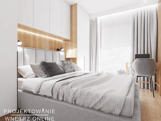 Projekt małego mieszkania w szarościach i drewnie, Projektowanie Wnętrz Online Projektowanie Wnętrz Online Master bedroom