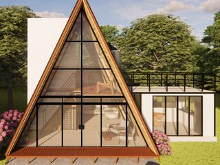 Chalé Suíço A Frame 153m² - Deck com terraço EcoMorada Chalés Suíços Pré Fabricadas - Kits A-Frame e Escandinavo Prefabricated home Prédio, Nuvem, Plantar, Céu, Janela, Triângulo, Árvore, Sombra, Lote de terreno, Madeira