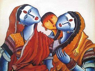 Buy the amazing painting "Discussion" by Swapna Malvade, Indian Art Ideas Indian Art Ideas Ingresso, Corridoio & Scale in stile moderno