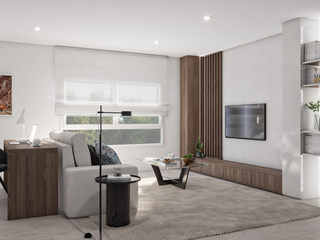 Sala Íntegra NURE Interiores Modern Living Room Sala,cozinha,hall de entrada,divisória,móvel divisão,ripado,separador,linhas direitas,cores neutras,taupe,nogueira,madeira,minimalista,moderno,lacado,móveis à medida