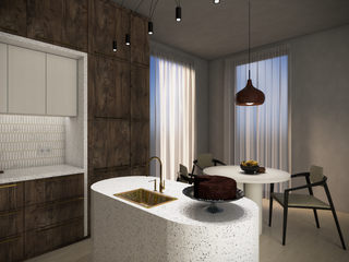 Elegance in minimalism: Wooden and Marble Kitchen with Dining Room, Cerames Cerames キッチン収納 大理石