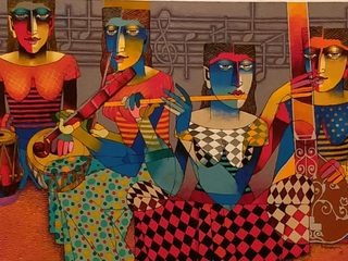 Avail this Painting "Musicians" by Artist Dayanand Kamakar, Indian Art Ideas Indian Art Ideas Комерційні приміщення