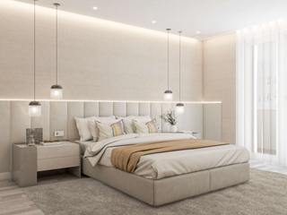 Quartos de Hóspedes NURE Interiores Master bedroom Acolhedor, confortável, candeeiros suspensos, design personalizado, cabeceira estofada, sommier, arrumação, funcionalidade, mesas de cabeceira, moderno, requinte, harmonioso, móveis por medida, amplitude, praticidade, espelhos, cabides