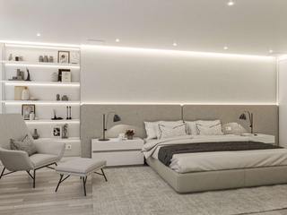 Quarto de Casal NURE Interiores Master bedroom Casal, sommier, cabeceira, estante, arrumação, horizontalidade, conforto, sofisticação, elegância, funcionalidade, nicho, cadeirão, repousa-pés, camiseiro, mesas de cabeceira, design personalizado, refúgio íntimo, móveis por medida, decoração, estilo, iluminação, estante com luz, neutro, moderno, tons neutros, branco, bege, minimalista