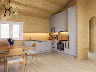 Das Jetzt-Erst-Recht-Haus – Auf Wunsch jetzt mit mehr Platz in XL Version THULE Blockhaus GmbH - Ihr Fertigbausatz für ein Holzhaus Single family home Flooring, Wood, Interior design, Floor, Kitchen, Furniture, Wood flooring, Ceiling, Room, Wood stain