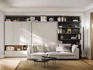 Exklusives Wohnzimmer mit Multifunktionsmöbel, Livarea Livarea Phòng khách phong cách tối giản Ván