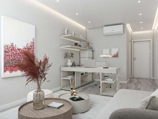 Escritório Home Office NURE Interiores Modern Study Room and Home Office Moderno, Funcionalidade, Organização, Secretária, Secretária em L, Espaço de Arrumação, Produtividade, Conforto, Sofá, Mesas de Centro, Puff Móvel, Flexibilidade, Relaxamento, Candeeiro de Parede, Elegante, Personalizado, Quadros à Medida, Contemporâneo, Bem-Estar, Eficiência, Praticidade, Ambiente, Acolhedor, Escritório, Trabalho em Casa, Home Office, Arrumação, Estética