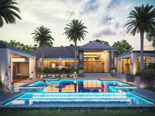 House with backyard pool area by 3d architectural rendering studio, Houston - Texas, Yantram Animation Studio Corporation Yantram Animation Studio Corporation منزل بنغالي