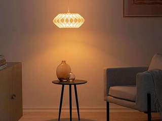 Pantalla geométrica para lámpara Press profile homify Other spaces Muebles, Luz, Madera, Mesa, Encendiendo, Naranja, Diseño de interiores, Piso, Piso, Línea