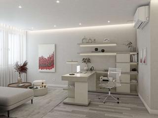 Escritório Home Office NURE Interiores Modern Study Room and Home Office Moderno, Funcionalidade, Organização, Secretária, Secretária em L, Espaço de Arrumação, Produtividade, Conforto, Sofá, Mesas de Centro, Puff Móvel, Flexibilidade, Relaxamento, Candeeiro de Parede, Elegante, Personalizado, Quadros à Medida, Contemporâneo, Bem-Estar, Eficiência, Praticidade, Ambiente, Acolhedor, Escritório, Trabalho em Casa, Home Office, Arrumação, Estética,