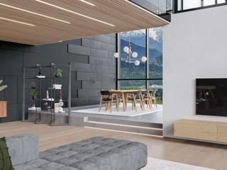 Offener Wohnbereich einer Alpenland-Wohnung mit Essecke, Livarea Livarea Comedores de estilo minimalista