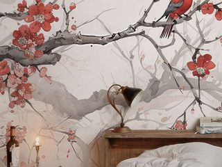 Panorama Tapete mit Blüten und Vögeln im Stil japanischer Tuschemalerei, Gaedke Tapeten Gaedke Tapeten Asiatische Wände & Böden