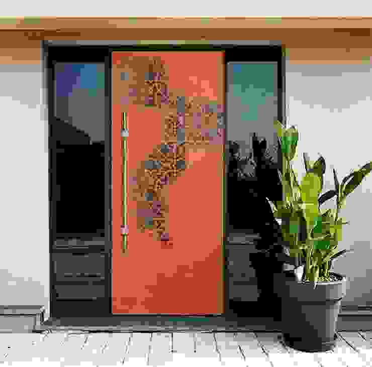 Villa Entrance Designed Using Corten Steel Coating Evolve India Front doors Metal Orange Plant, Property, Building, Fixture, Wood, Interior design, Flowerpot, Houseplant, Wall, Line