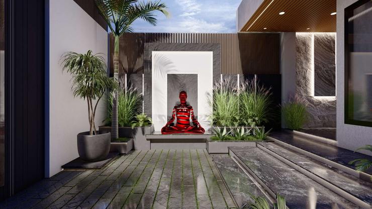 Luxury Tree courtyard house Rhythm And Emphasis Design Studio Bungalows Plant, Property, Building, Interior design, Houseplant, Grass, Wall, Flooring, Real estate, Flowerpot
