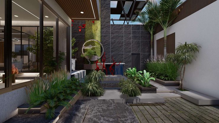 Luxury Tree courtyard house Rhythm And Emphasis Design Studio Bungalows Plant, Building, Lighting, Flowerpot, Interior design, Vegetation, Urban design, Grass, Window, Residential area