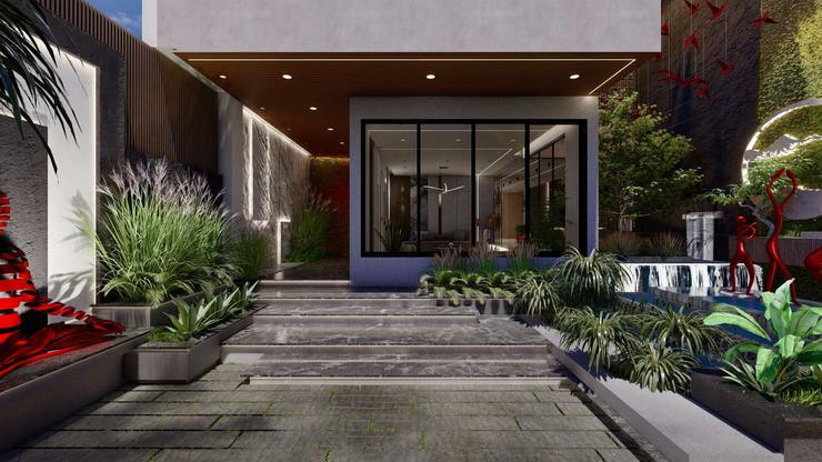 Luxury Tree courtyard house Rhythm And Emphasis Design Studio Bungalows Plant, Property, Road surface, Architecture, Door, Residential area, Building, Flowerpot, Urban design, Real estate