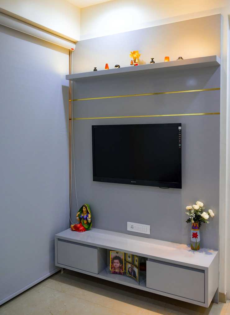 3 Bhk Apartment with Terrace Designing from Bare-Shell decorMyPlace Multi-Family house Building, Interior design, Flooring, Floor, Living room, Television, Wood, House, Table, Display device