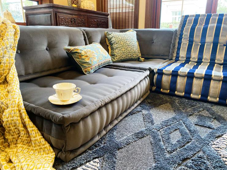 A close-up photo Lila & Lin Villa Couch, Furniture, Property, Blue, Comfort, Rectangle, Interior design, Living room, Textile, studio couch